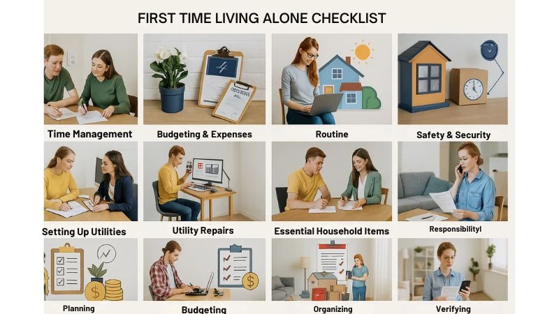 Photographic collage of people managing tasks related to living alone for the first time, including signing leases, utility setup, budgeting, and household management