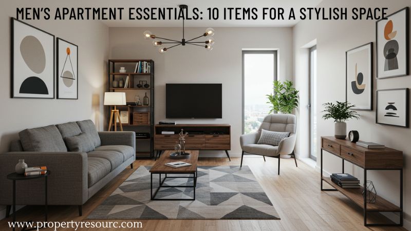 Men's Apartment Essentials living room with grey sofa, wooden furniture, abstract wall art, TV, plants, and stylish decor